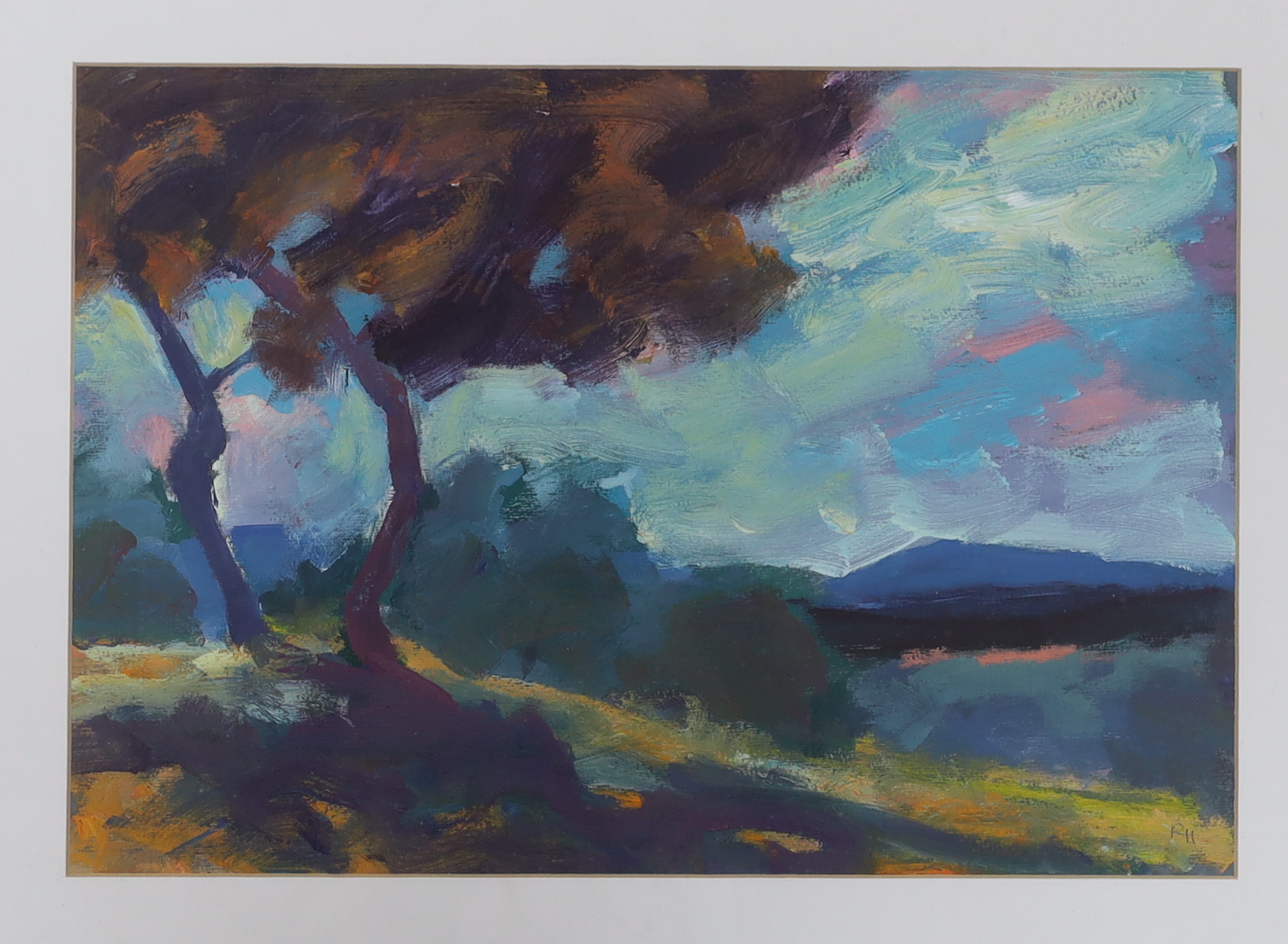 Robin Holtom (b.1944), oil on paper, Trees in a landscape, initialled, Star Gallery of Lewes 2004 Exhibition label verso, 23 x 33cm